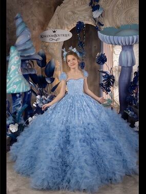 Kingdom, boutique Blue Floral Tulle Ruffle Girls' Dress